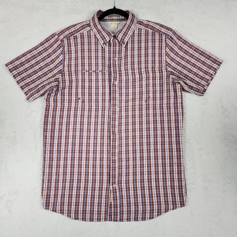 ExOfficio Mens L Shirt Plaid Short Sleeve Vented Fishing Seersucker Burgundy